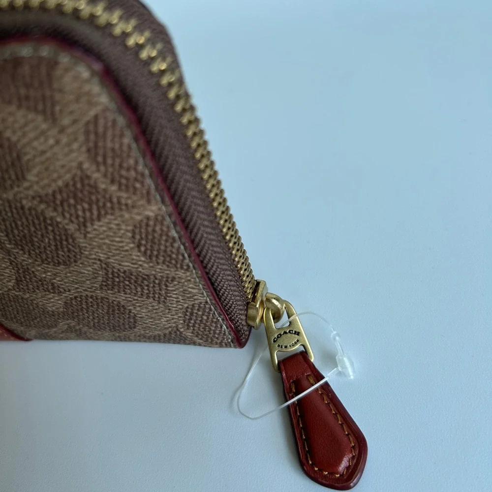 Coach Accordion Zip Brown Signature Canvas Red Leather Wallet Excellent